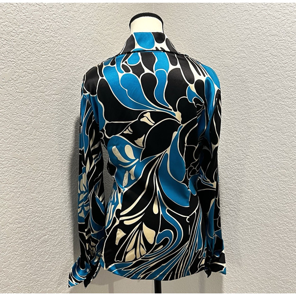 Vtg 90s Y2k Cache Silk Blend Blue Black Artsy Long Sleeve Blouse Cross Front L - Picture 4 of 10